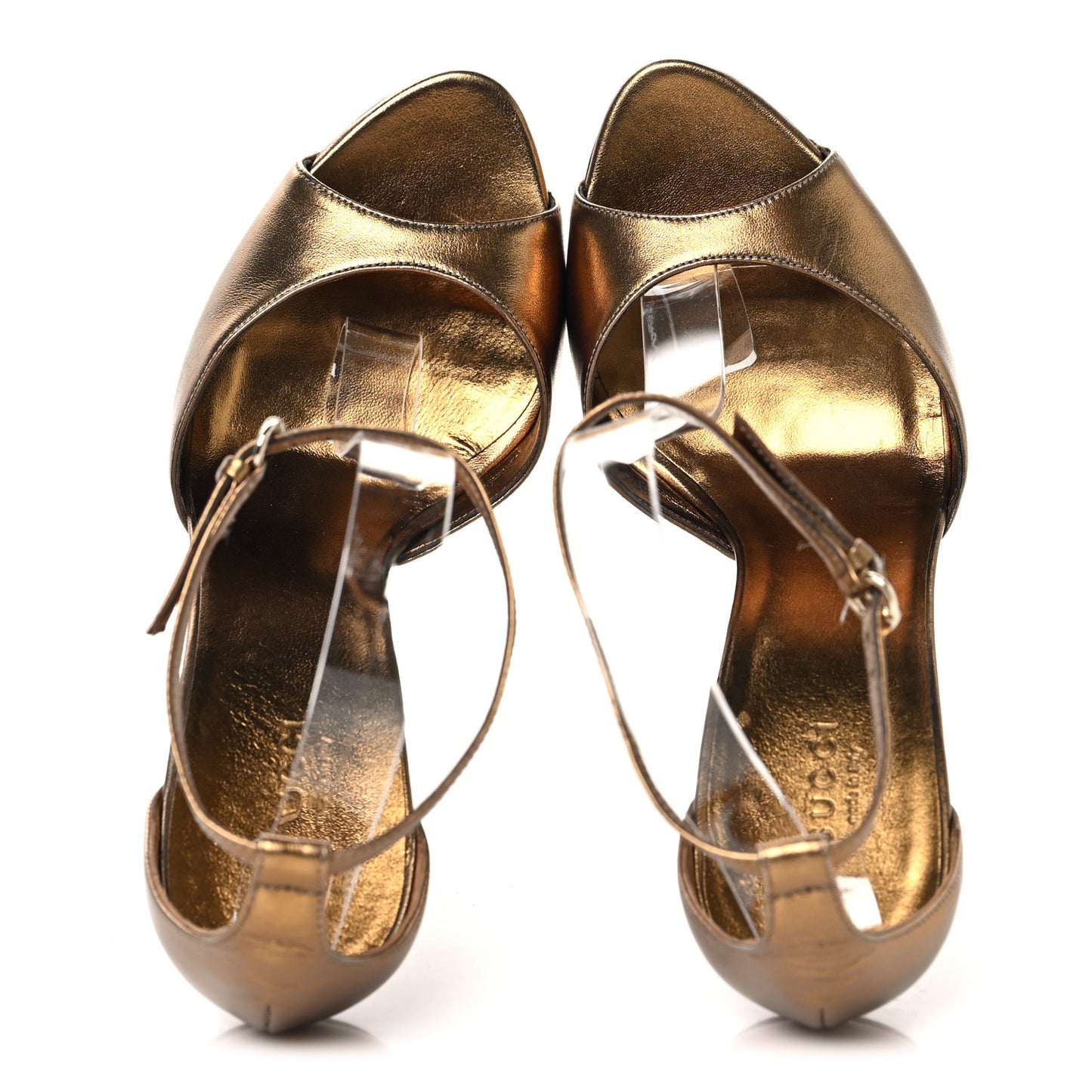 Metallic Calfskin Open Toe Ankle Strap Pumps 38.5 Oro Rutenio