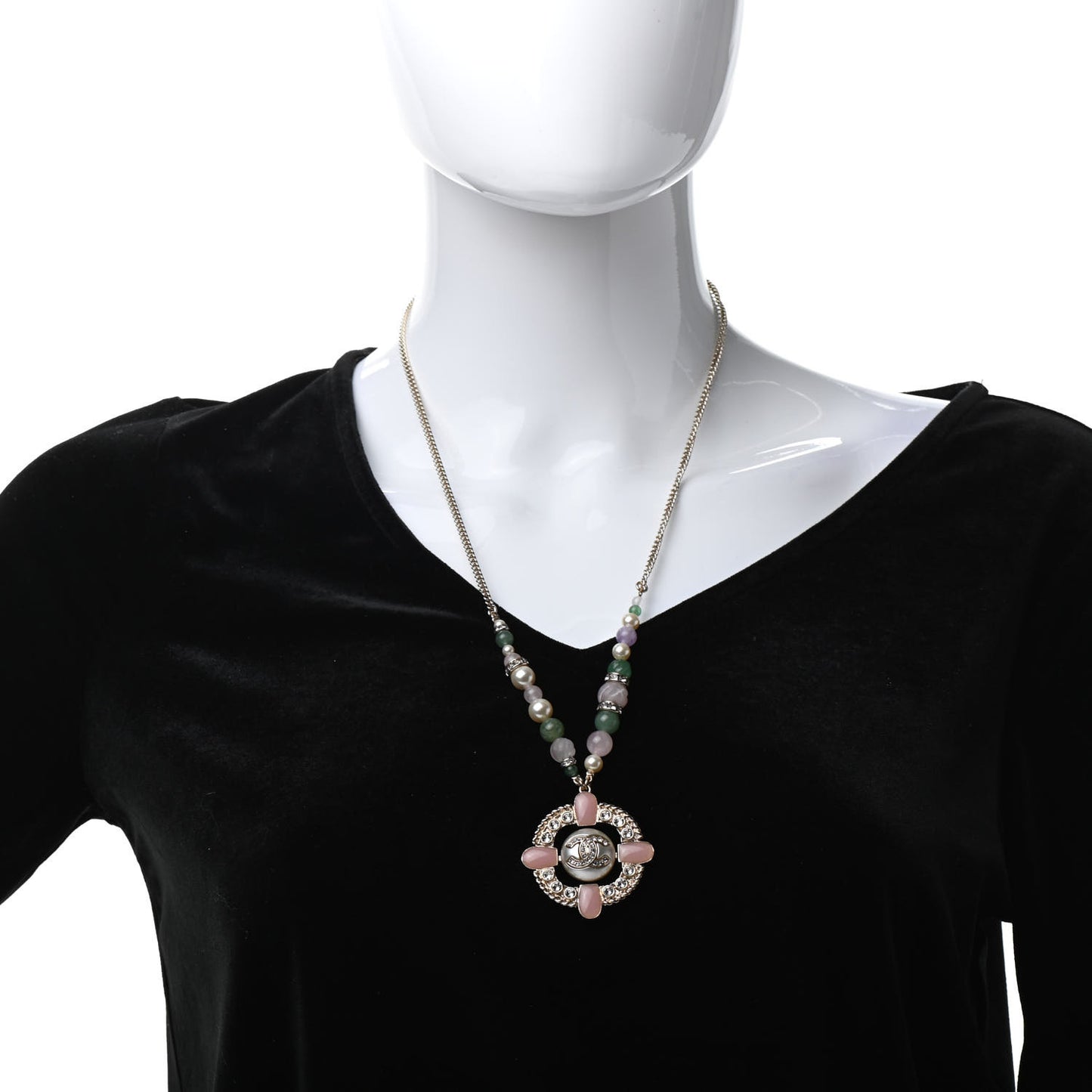Crystal Pearl Gripoix Poured Glass Necklace Gold Green White Pink