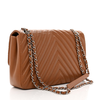Chanel Lambskin Chevron Quilted Double Stitch Jumbo Single Flap Camel 3 of 9