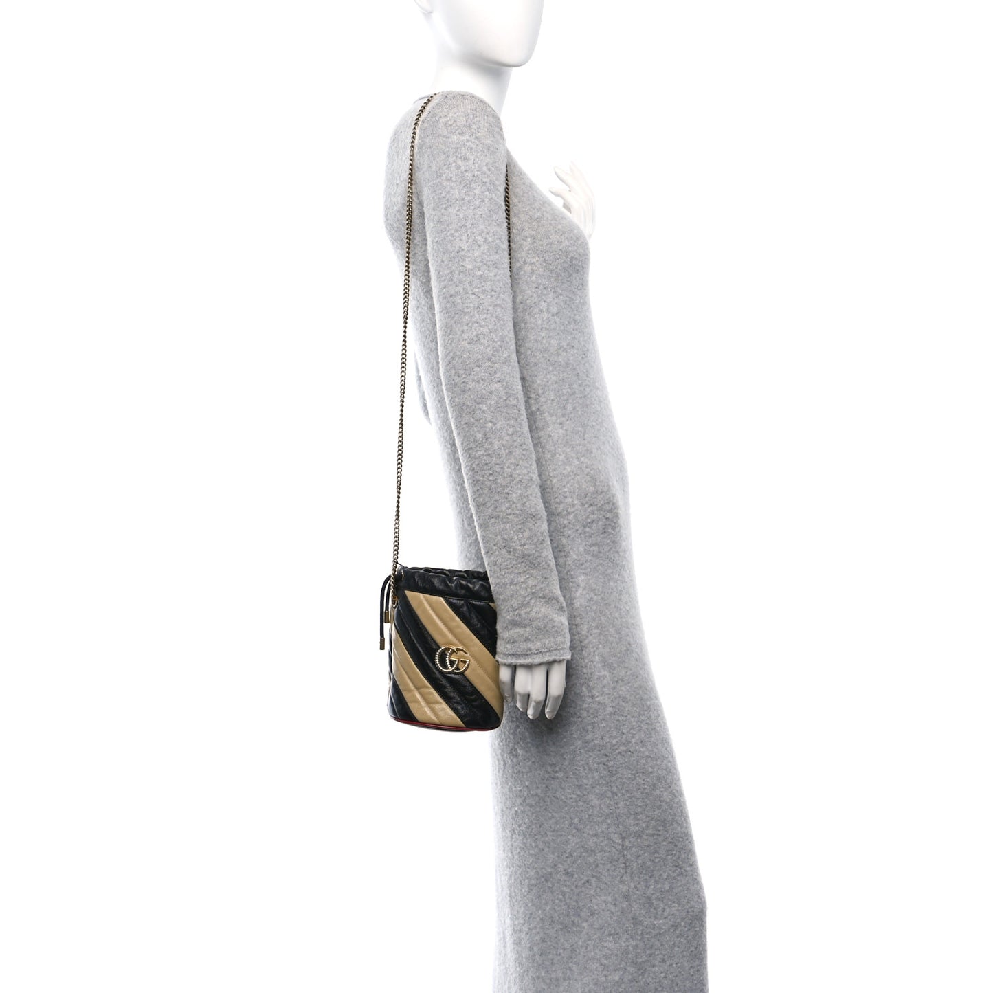 Azalea Calfskin Matelasse Diagonal Patchwork Mini Torchon GG Marmont 2.0 Bucket Bag Black Beige Romantic Cerise