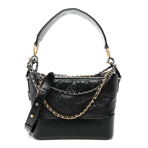 Aged Smooth Calfskin Quilted Medium Gabrielle Logo Hobo Black