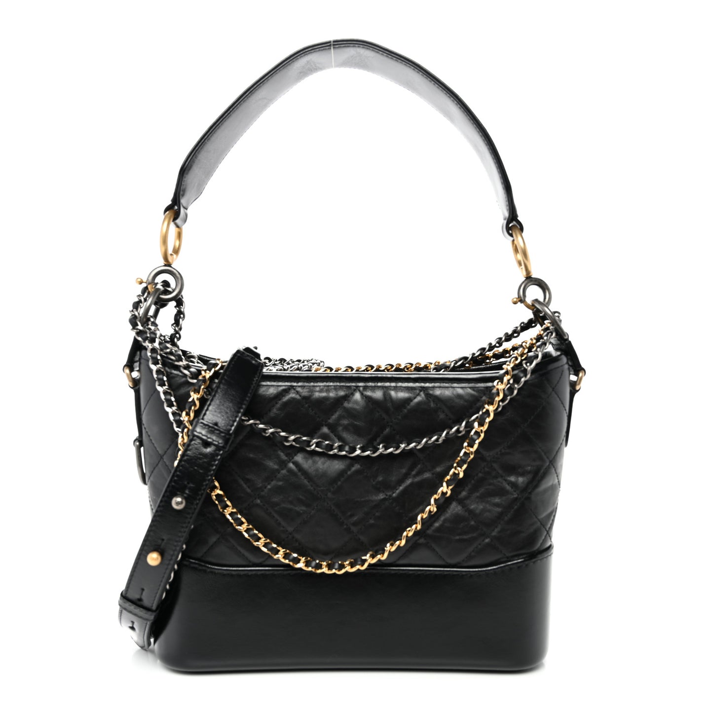 Aged Smooth Calfskin Quilted Medium Gabrielle Logo Hobo Black