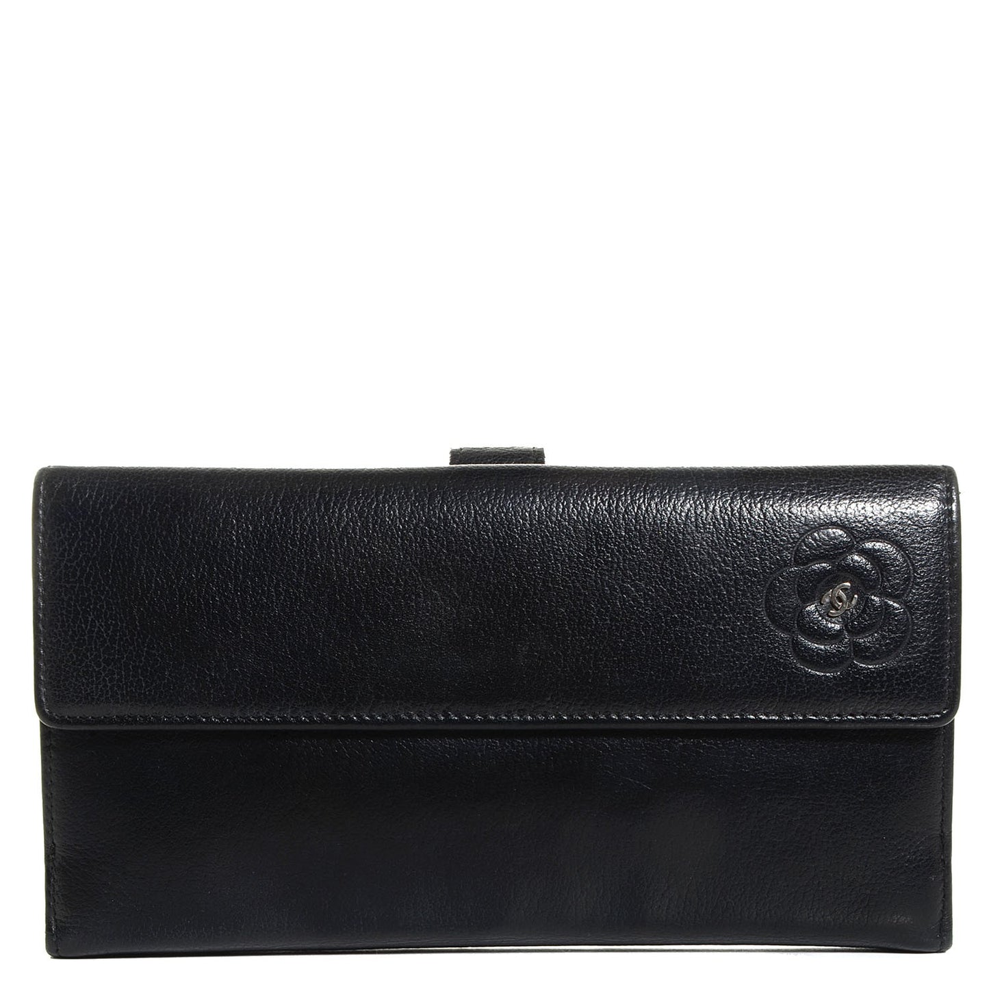 Goatskin Camellia Embossed Flap Wallet Black