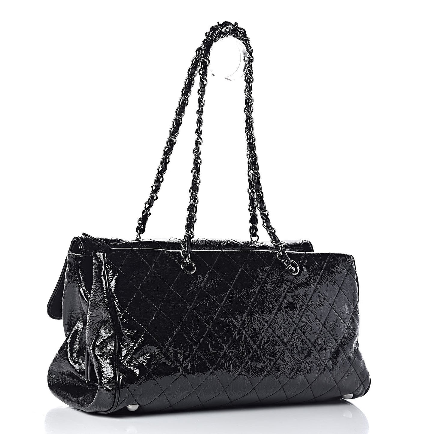 Distressed Patent Quilted Ritz Flap Bag Black