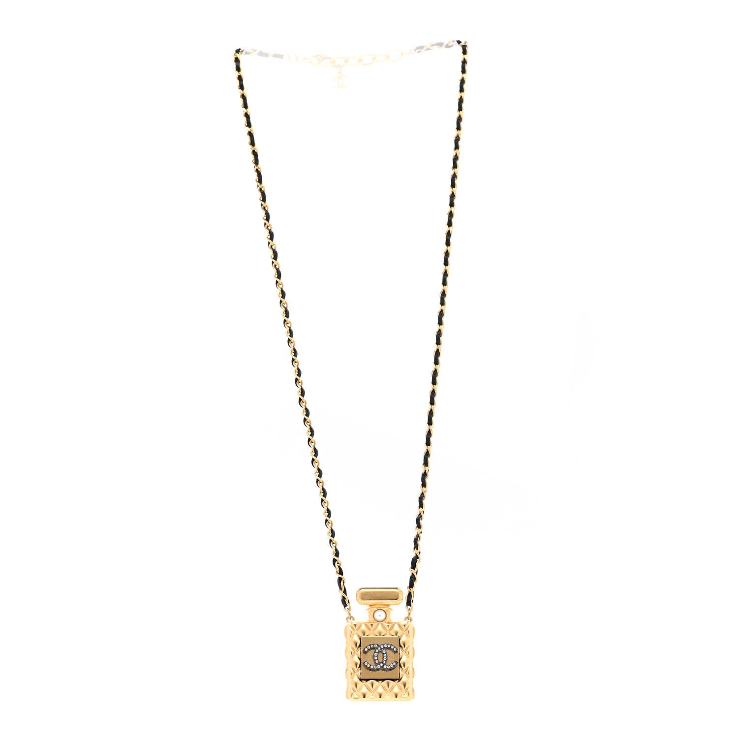 Chanel Crystal Pearl Perfume Bottle CC Necklace Black Gold 3 of 7