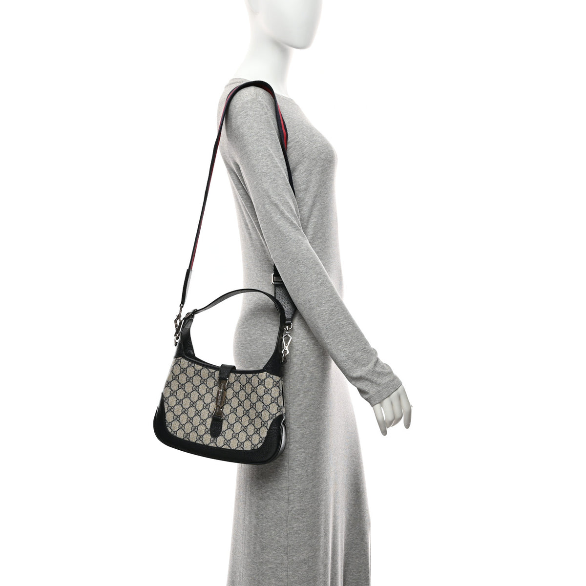 Gucci GG Supreme Monogram Textured Dollar Calfskin Web Small Jackie 1961 Hobo Beige Blue 2 of 11
