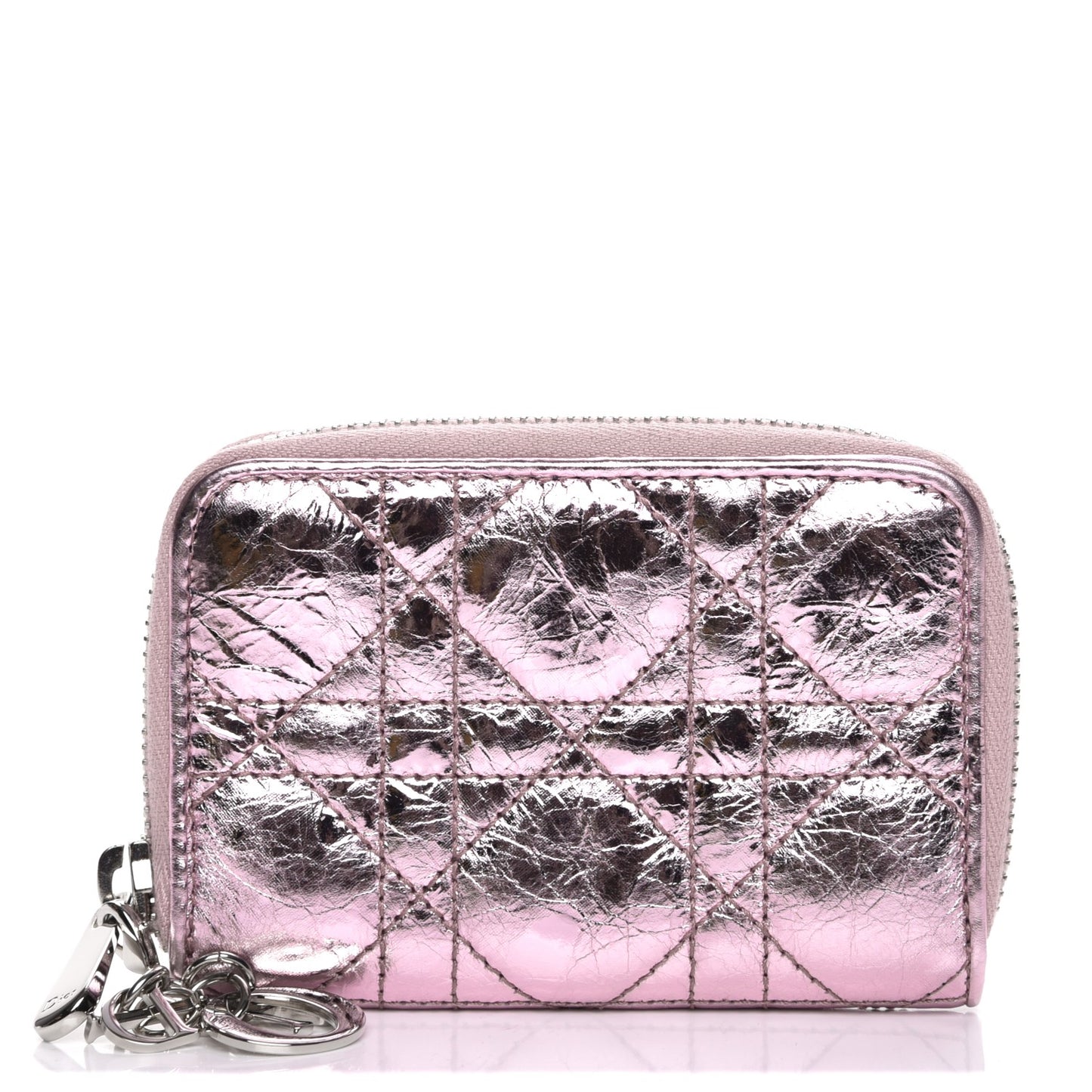 Metallic Calfskin Cannage Mini Lady Dior Zip Portemonnaie Pink