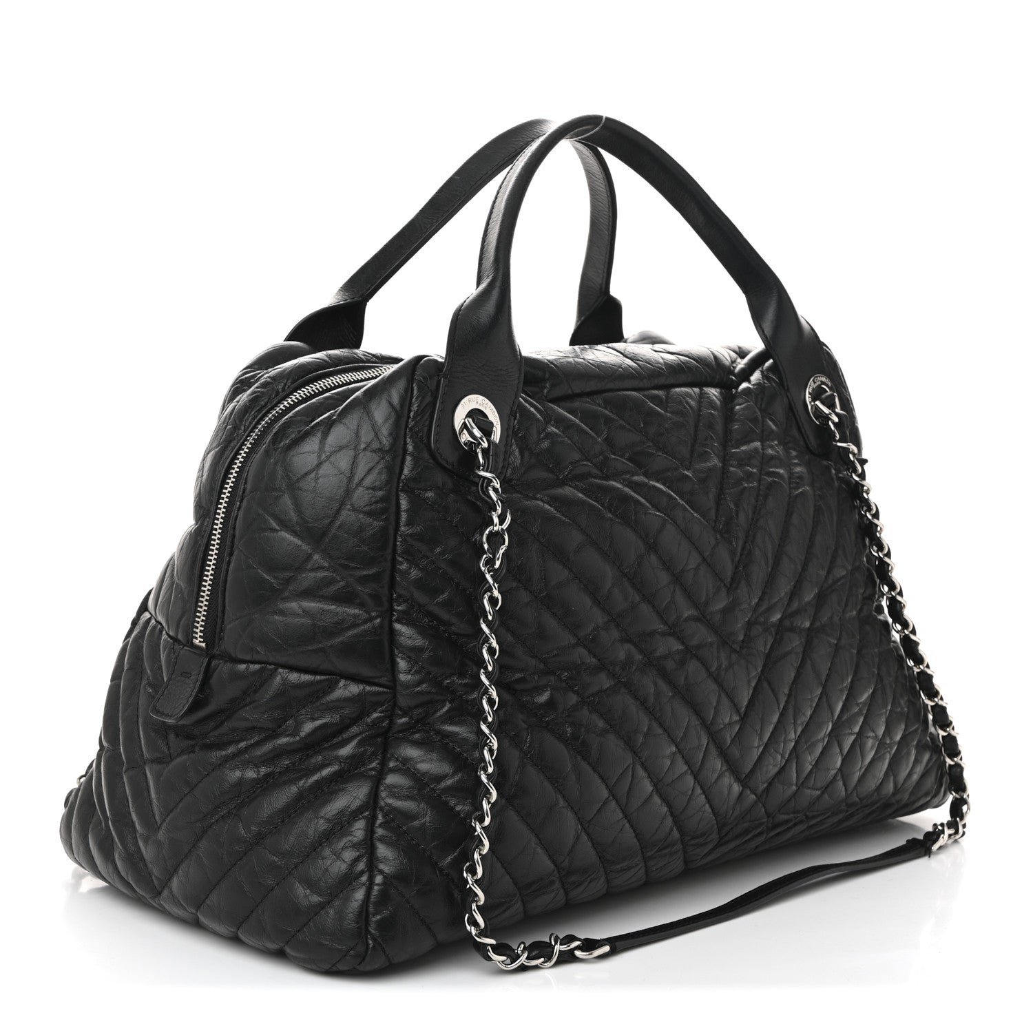 Chanel Aged Calfskin Chevron Large Soft Bowling Bag Black 5 of 19