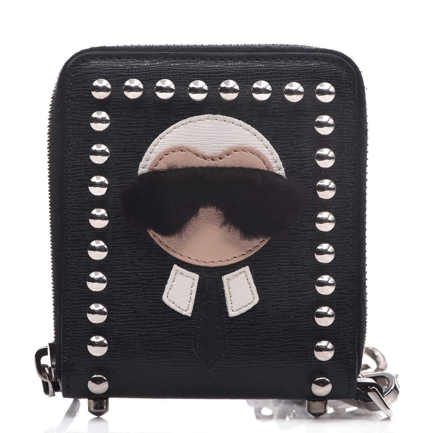 Vitello Elite Flamingo Mink Karlito Studded Zip Around Chain Wallet Black White Plaster