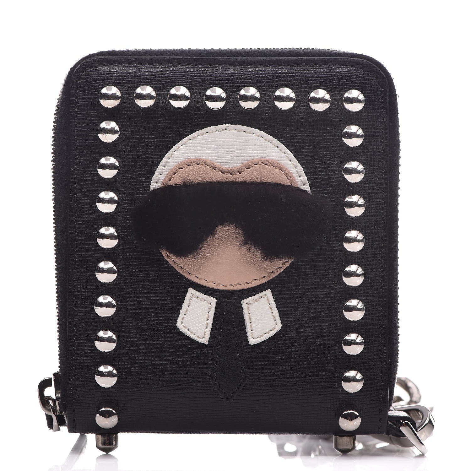 Fendi Vitello Elite Flamingo Mink Karlito Studded Zip Around Chain Wallet Black White Plaster 1 of 7
