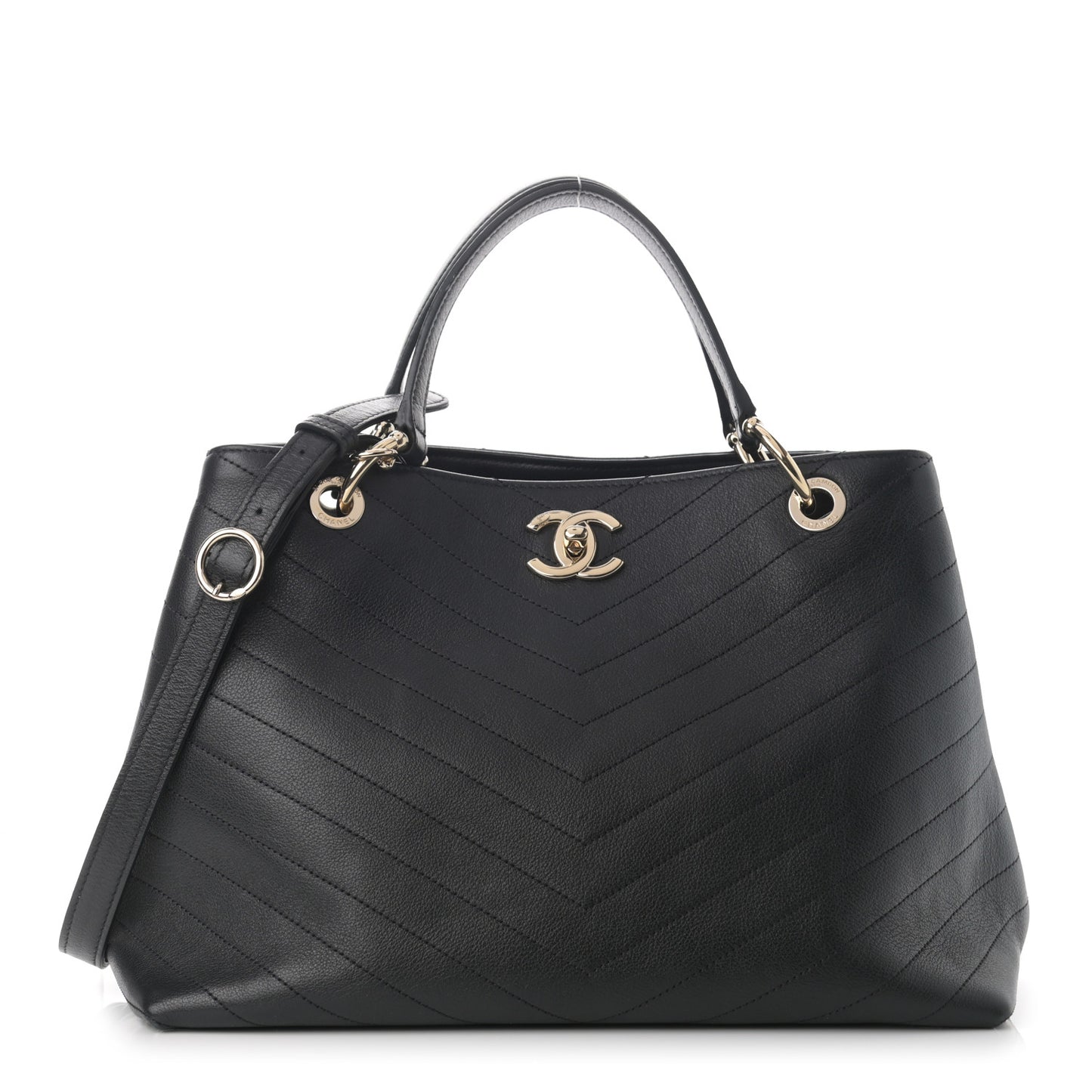Calfskin Stitched Large Chevron Chic Shopping Bag Black