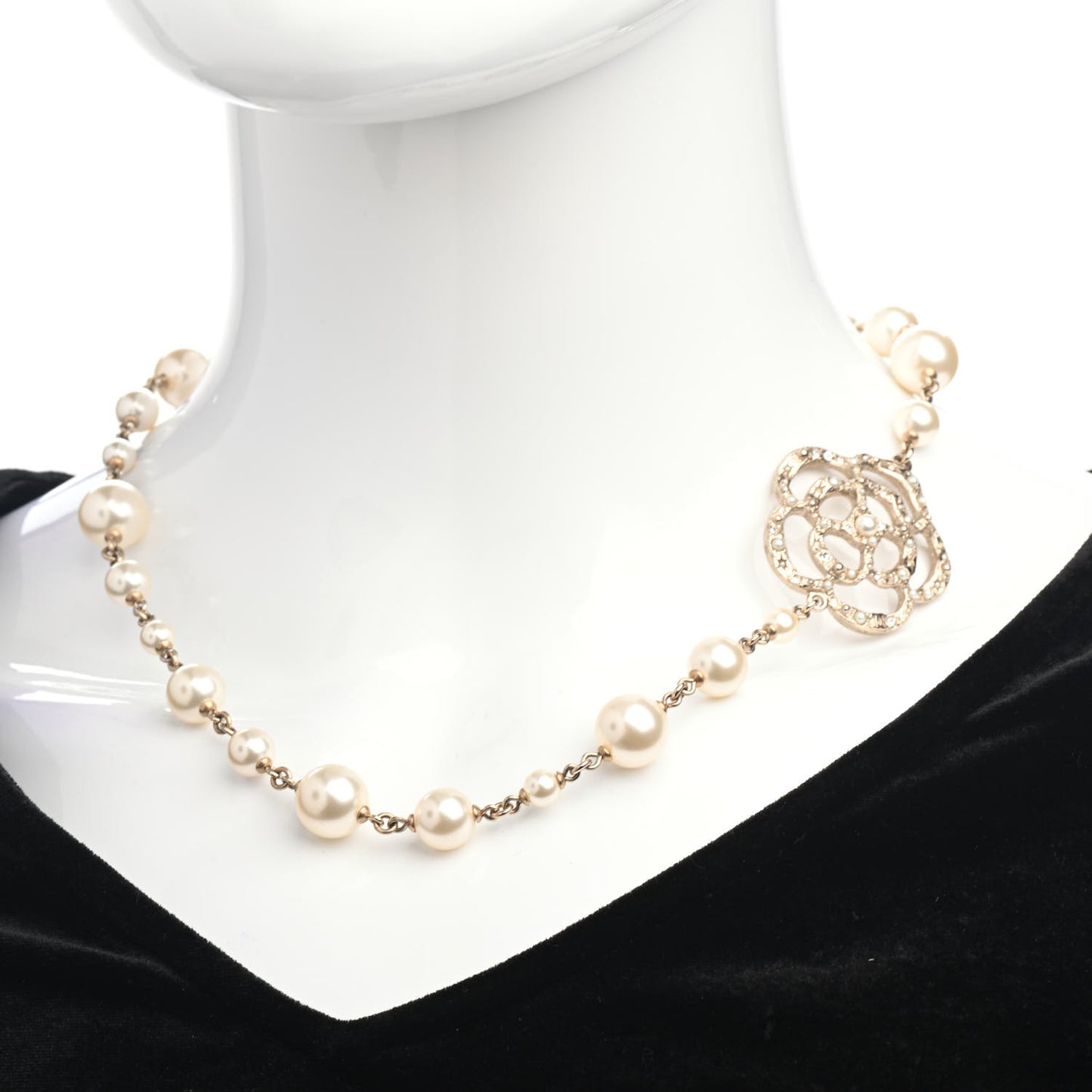 Pearl Crystal Camellia CC Necklace Gold