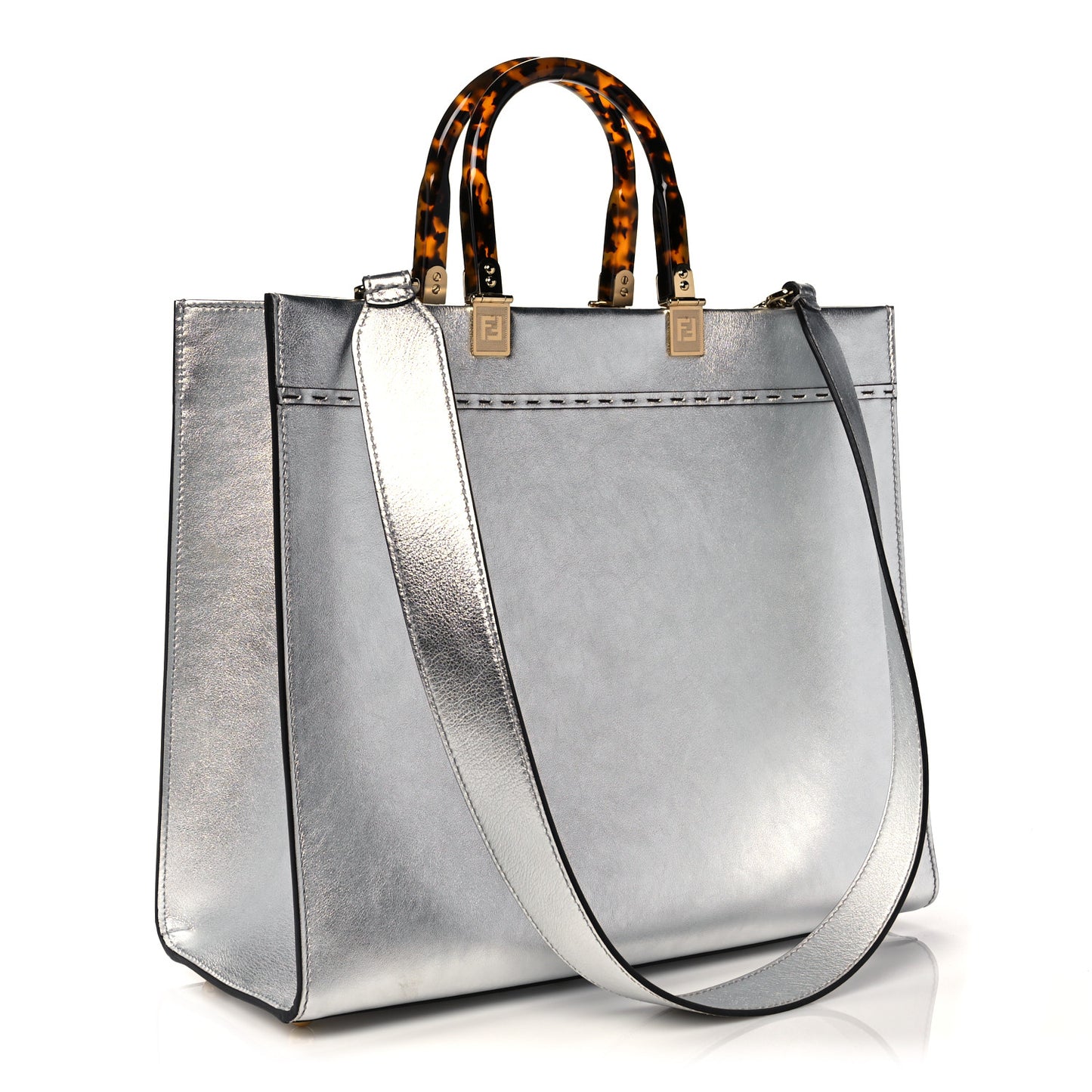 Vitello Catalan Mirror Plexiglass Logo Embossed Medium Fendi Sunshine Shopper Tote Argento