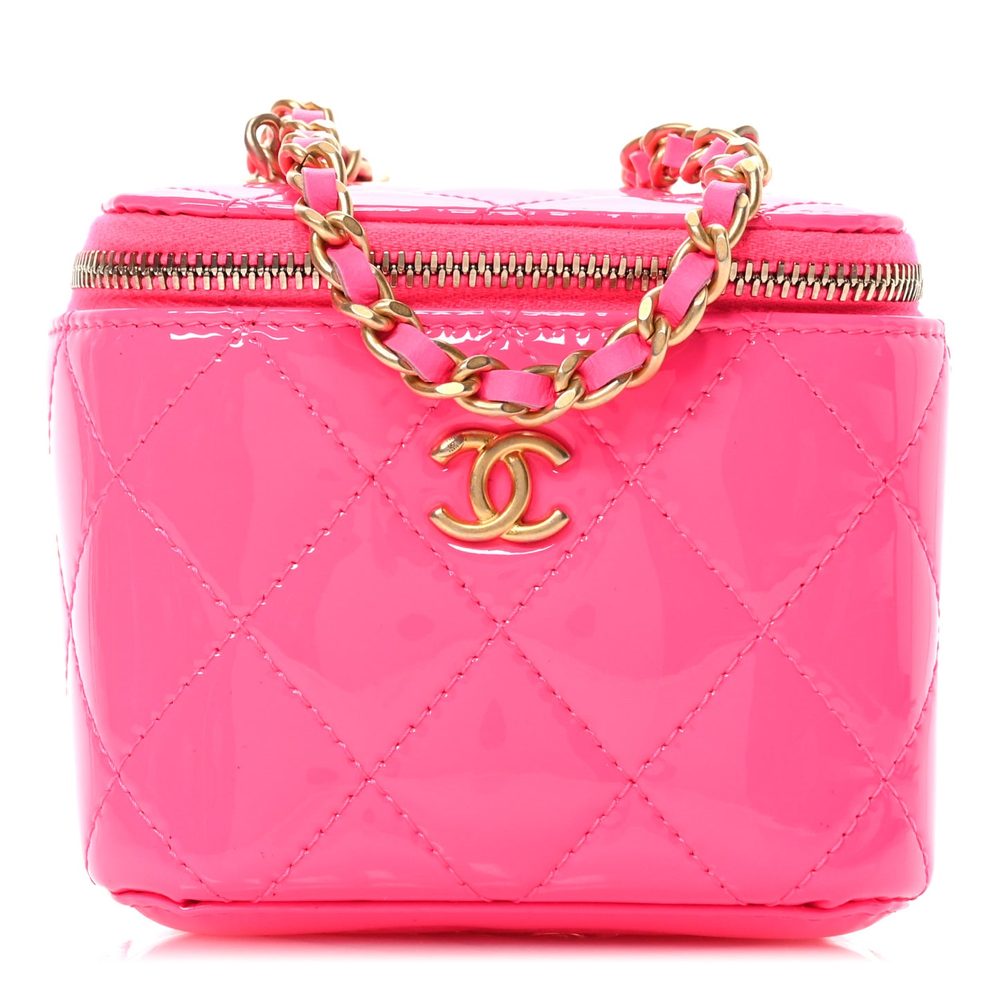 Patent Quilted Pearl Crush Mini Vanity Case With Chain Neon Pink