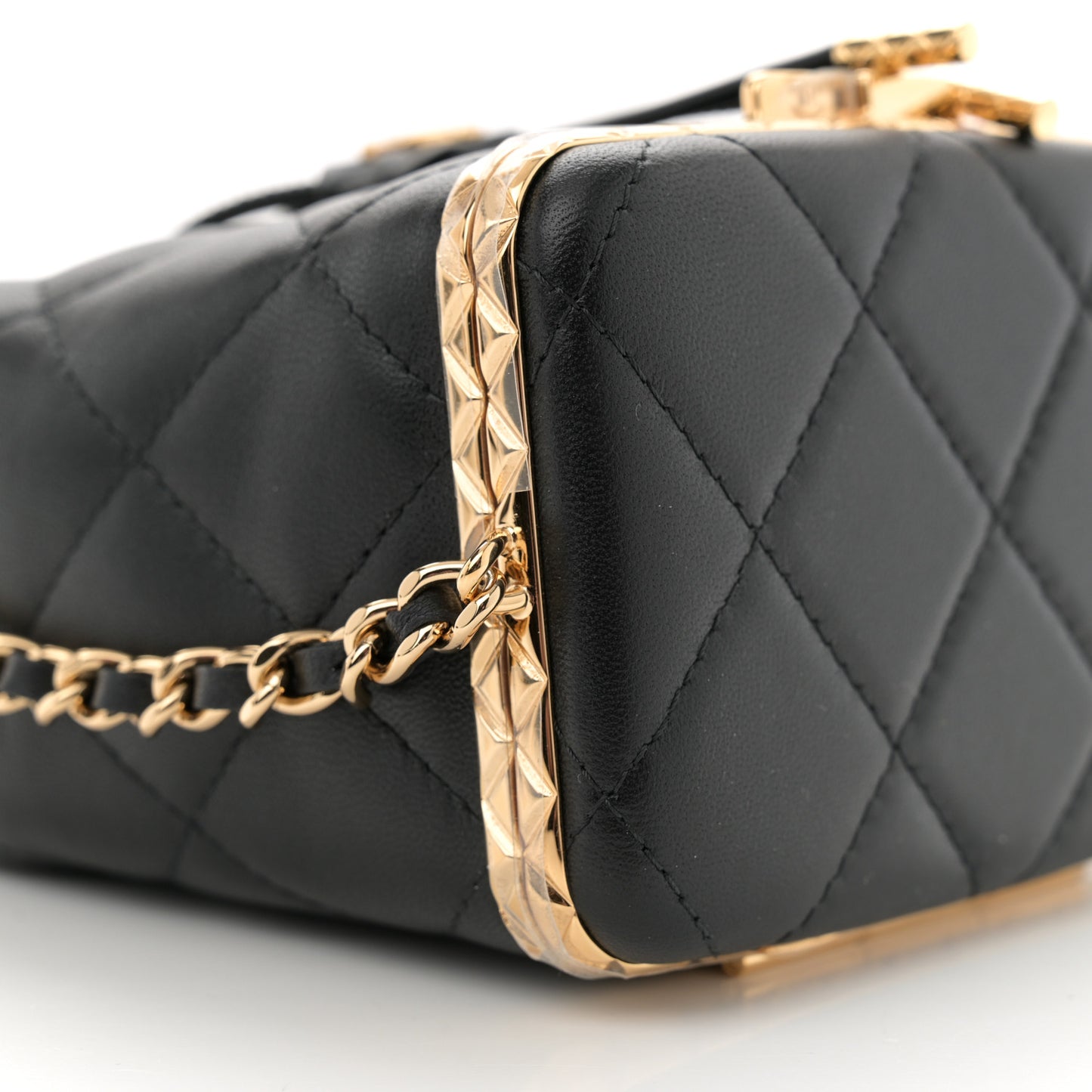 Metal Lambskin Quilted Small Chain Bucket Bag Black