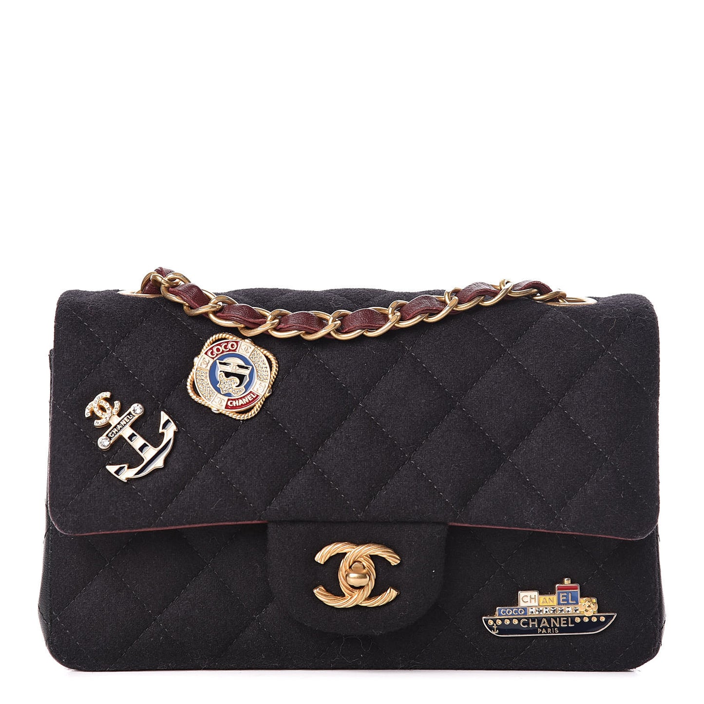 Felt Quilted Paris-Hamburg Charms Mini Rectangular Flap Black