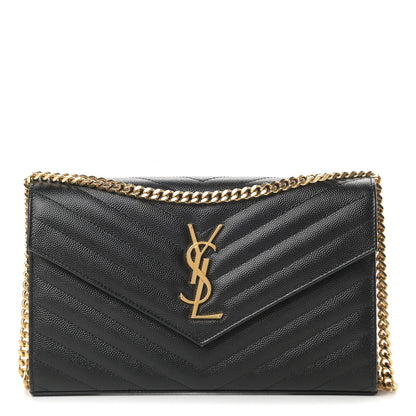 Saint Laurent Grain De Poudre Matelasse Chevron Monogram Chain Wallet Black 1 of 12