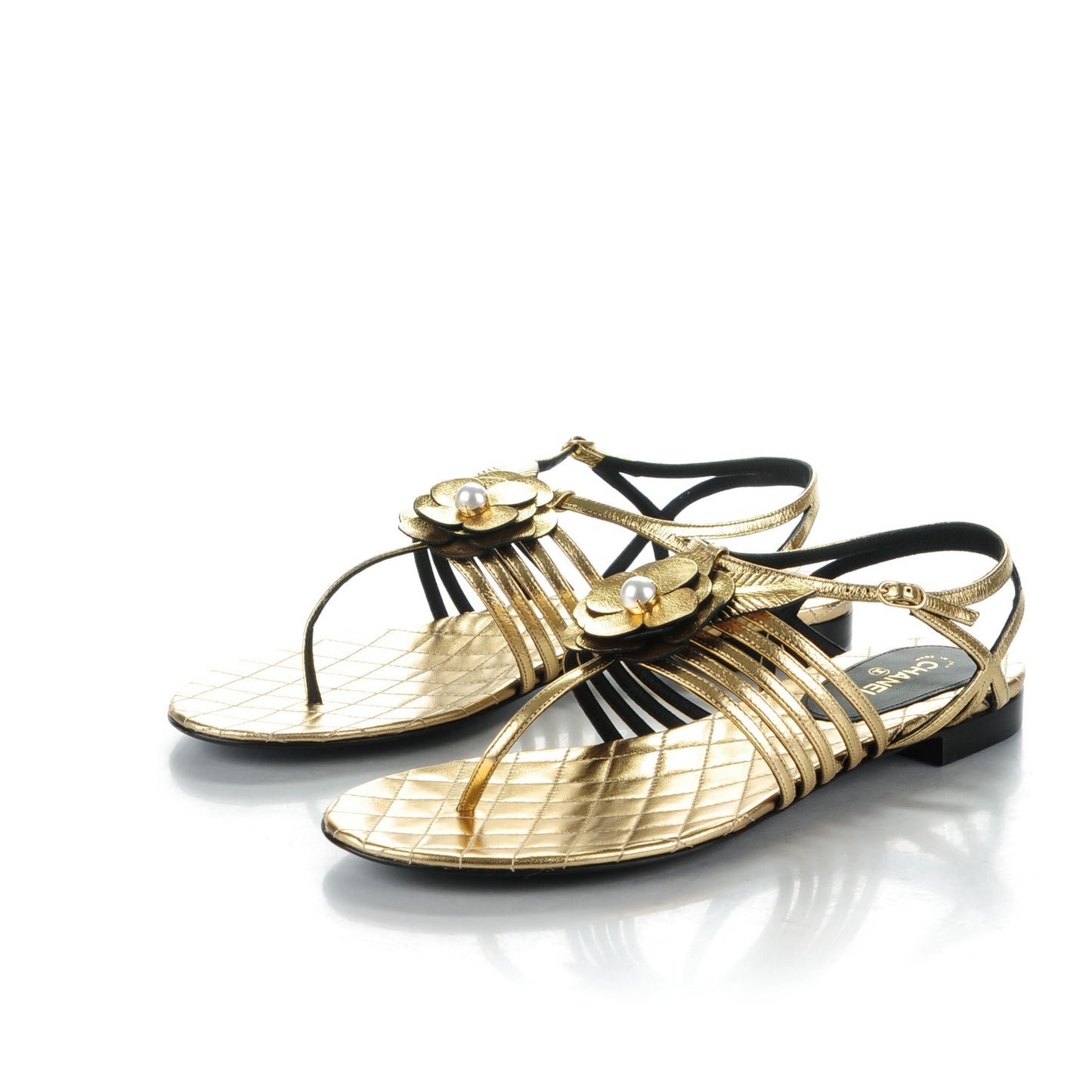 Crumpled Calfskin Camellia Pearl Thong Sandals 40 Gold