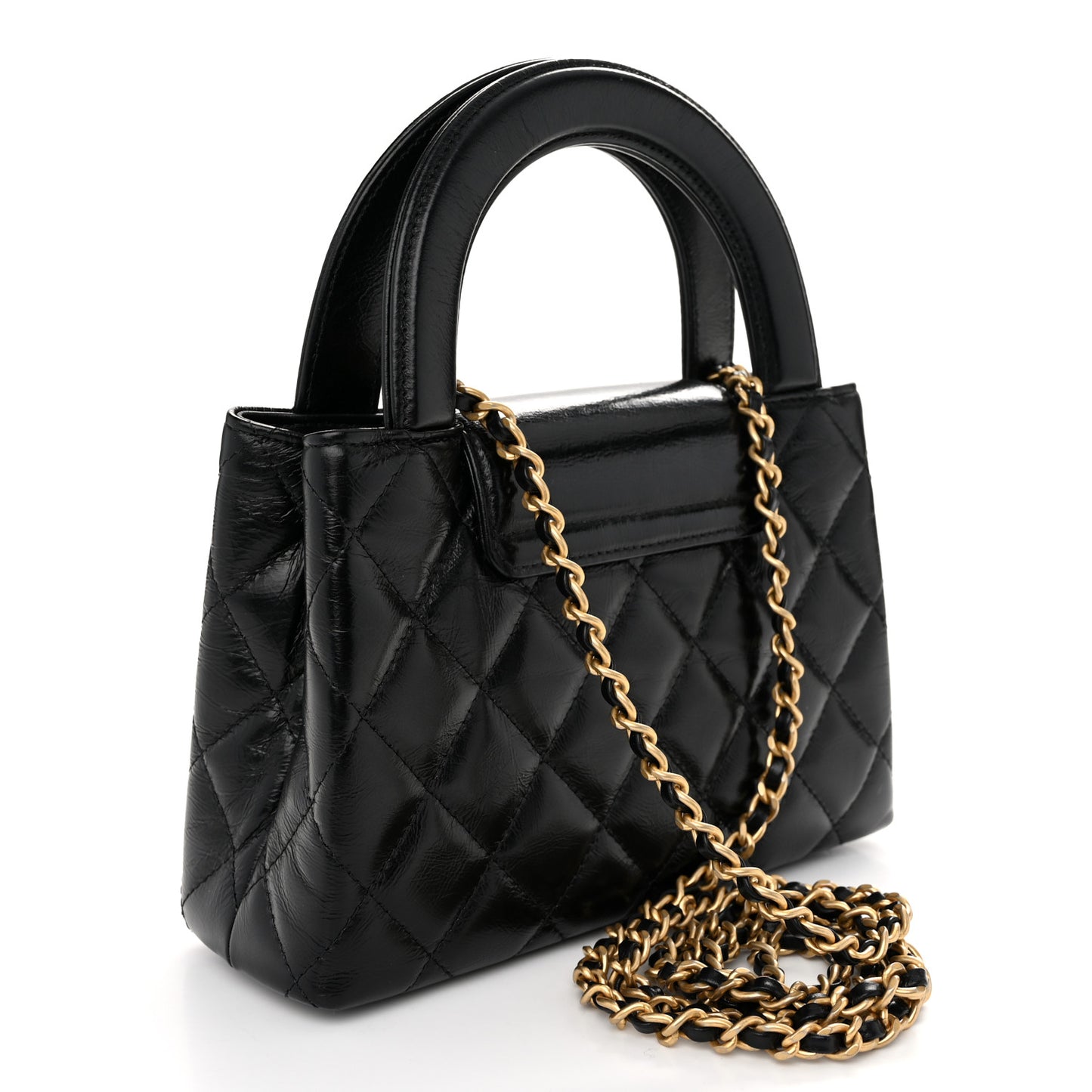 Shiny Aged Calfskin Quilted Nano Kelly Shopper Black