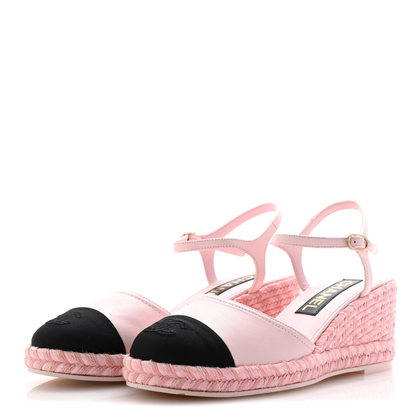 Lambskin Grosgrain CC Espadrilles Wedges 38 Pink Black