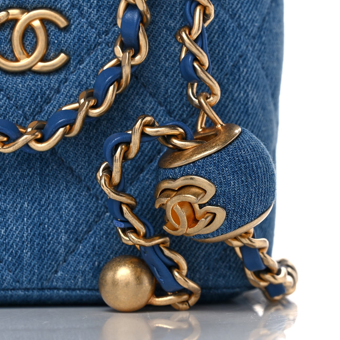 Denim Quilted Mini Pearl Crush Vanity Case With Chain