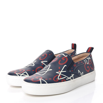 Gucci Calfskin GucciGhost Print Womens Slip On Sneakers 34 Blue Agata Hibiscus Red 3 of 10