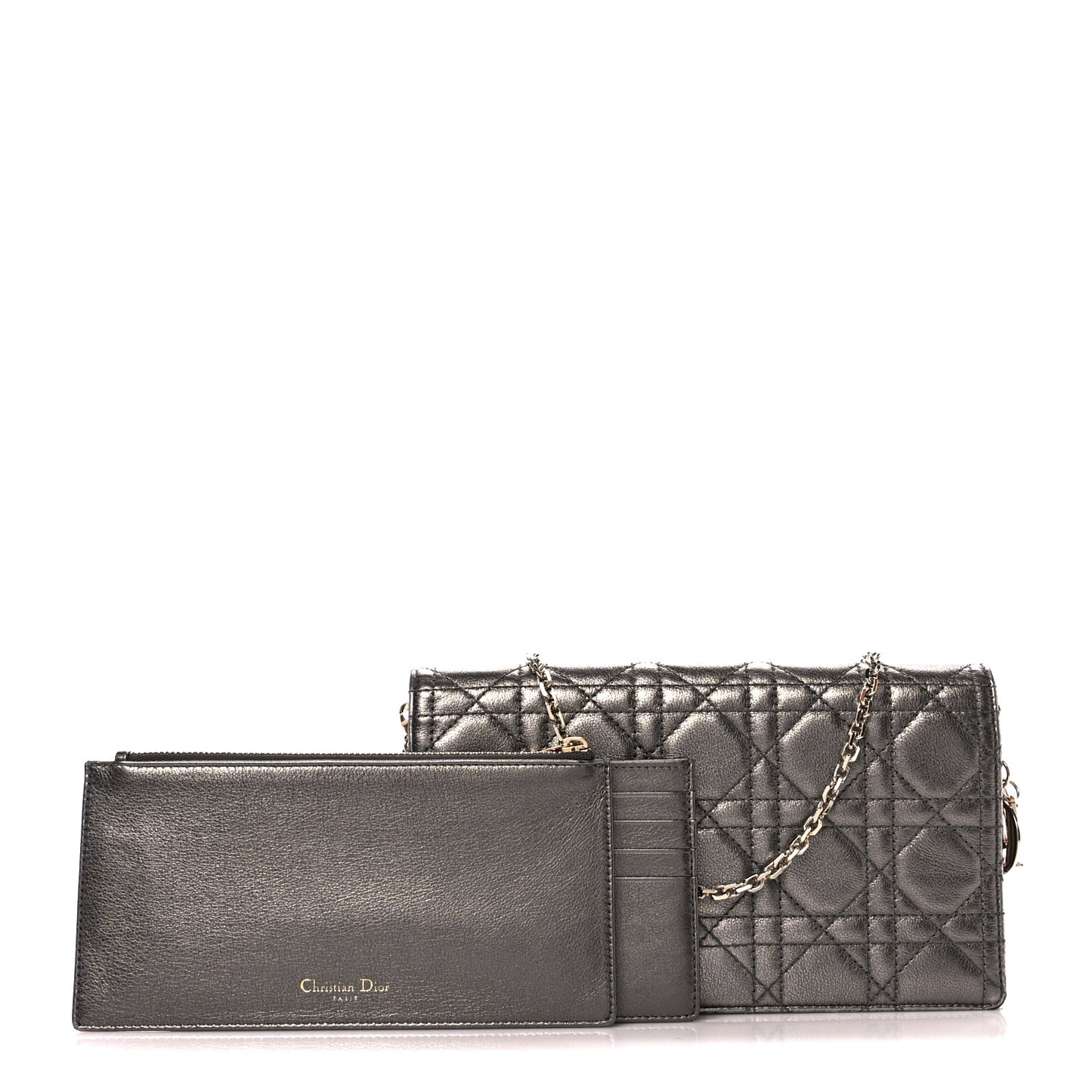 Metallic Calfskin Cannage Lady Dior Convertible Clutch Gunmetal