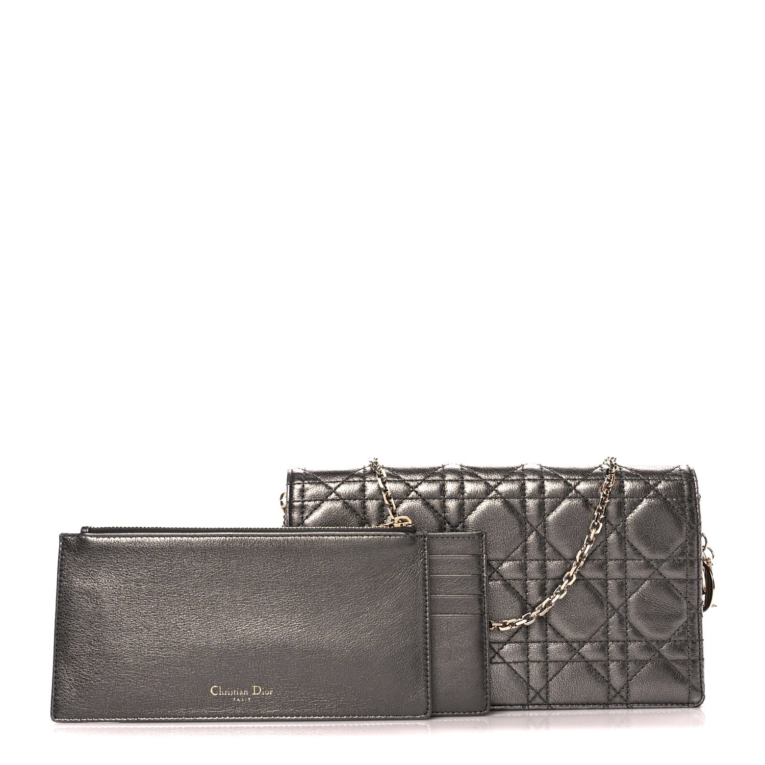 Christian Dior Metallic Calfskin Cannage Lady Dior Convertible Clutch Gunmetal 3 of 16