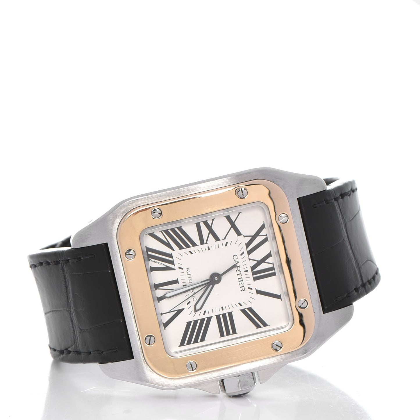 Stainless Steel 18K Yellow Gold Alligator 38mm Santos 100 Automatic Watch