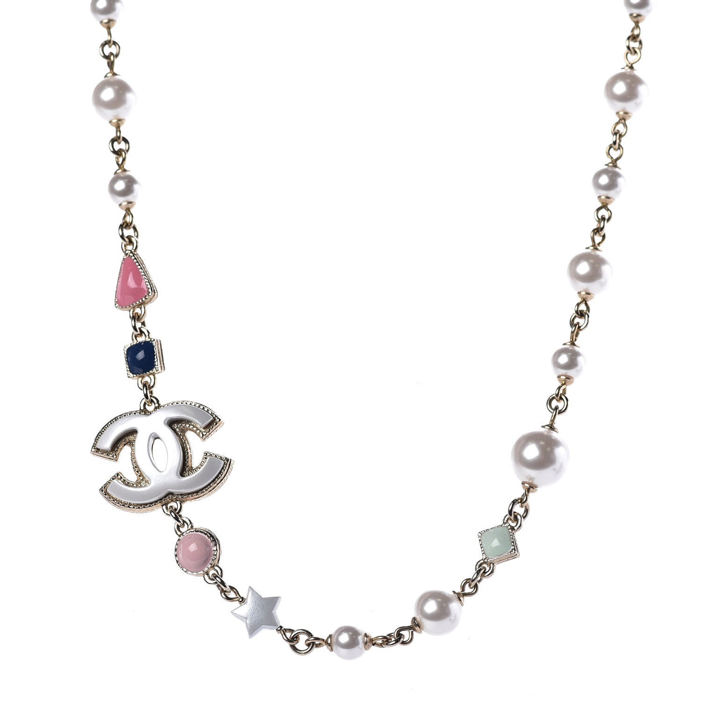 Resin Pearl Beaded CC Short Necklace Gold Pearly White Pink