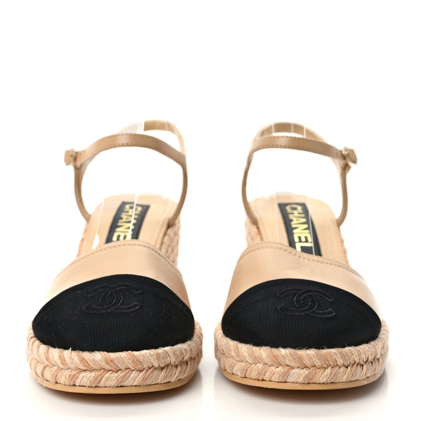 Lambskin Grosgrain CC Espadrilles Wedges 37 Beige Black
