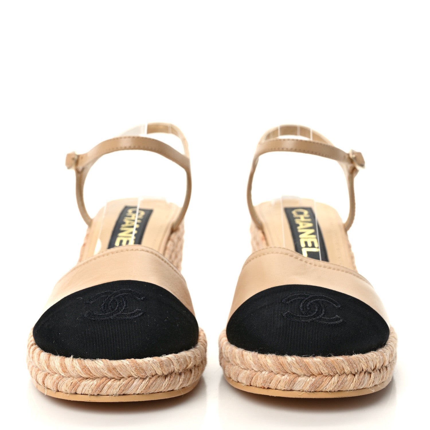 Chanel Lambskin Grosgrain CC Espadrilles Wedges 37 Beige Black 2 of 8
