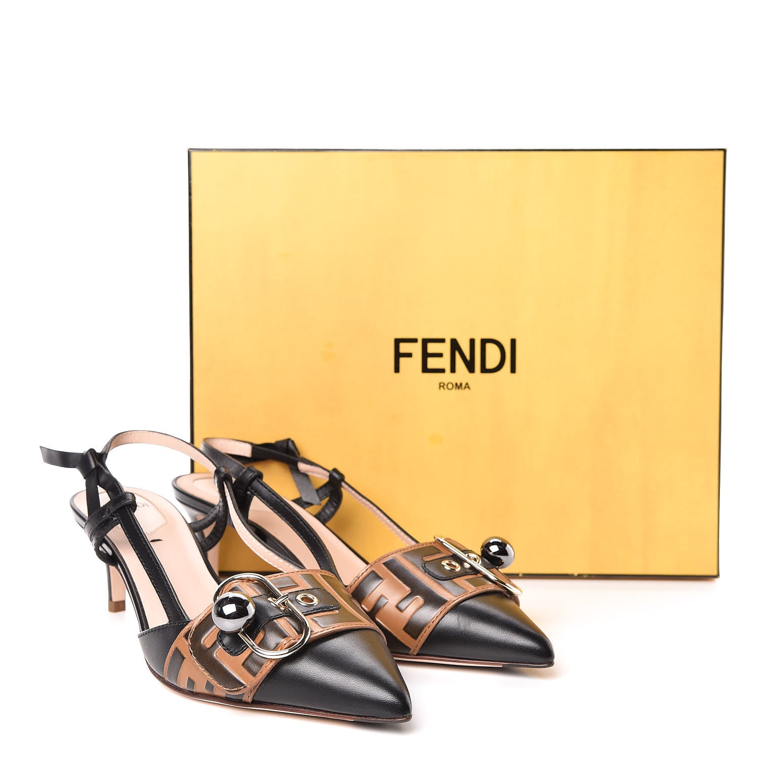 Fendi Calfskin FF Embossed Pearland Decollete Aperta Slingback Pumps 37.5 Tobacco 8 of 8