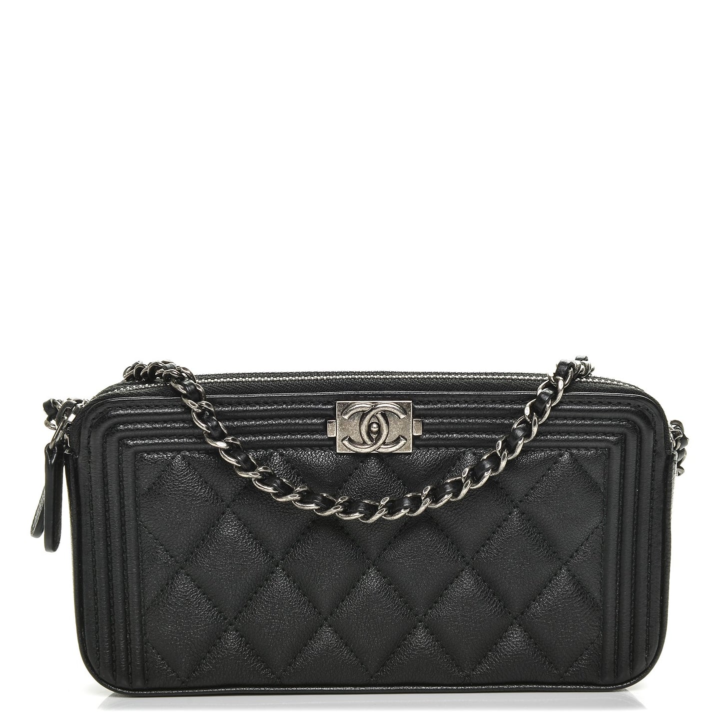 Calfskin Quilted Small Boy Clutch With Chain Black