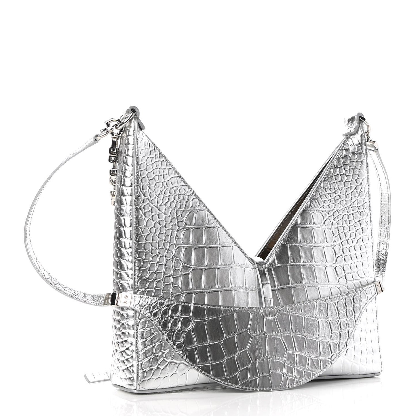 Metallic Calfskin Croc Embossed Small Cut Out Shoulder Bag Silver
