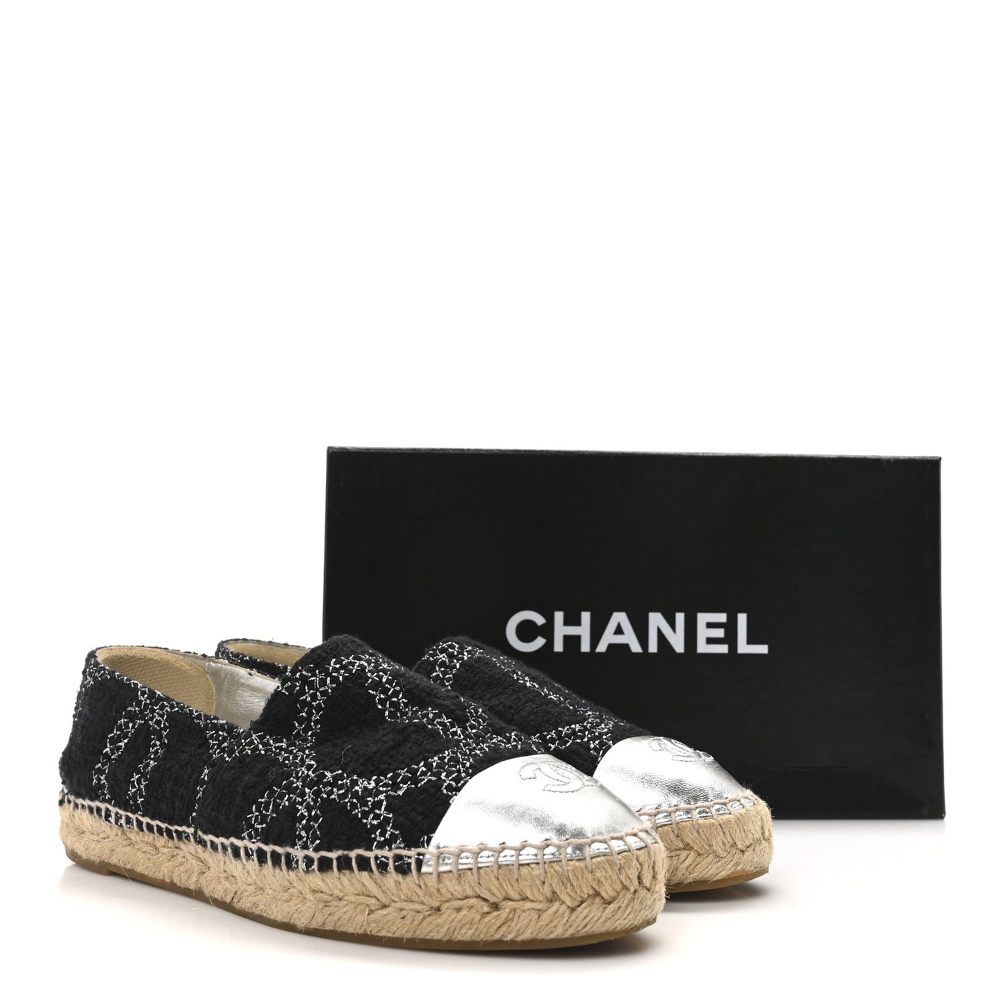 Metallic Tweed Lambskin CC Espadrilles 38 Black Silver