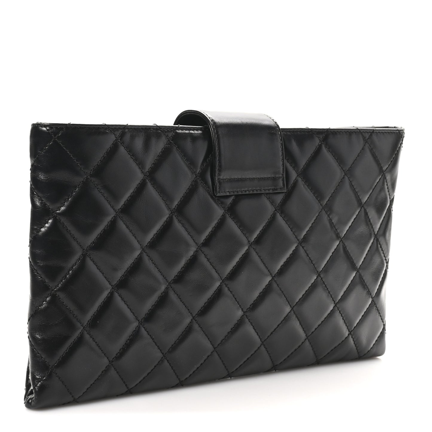 Glazed Calfskin Quilted Coco Pleats Clutch Black