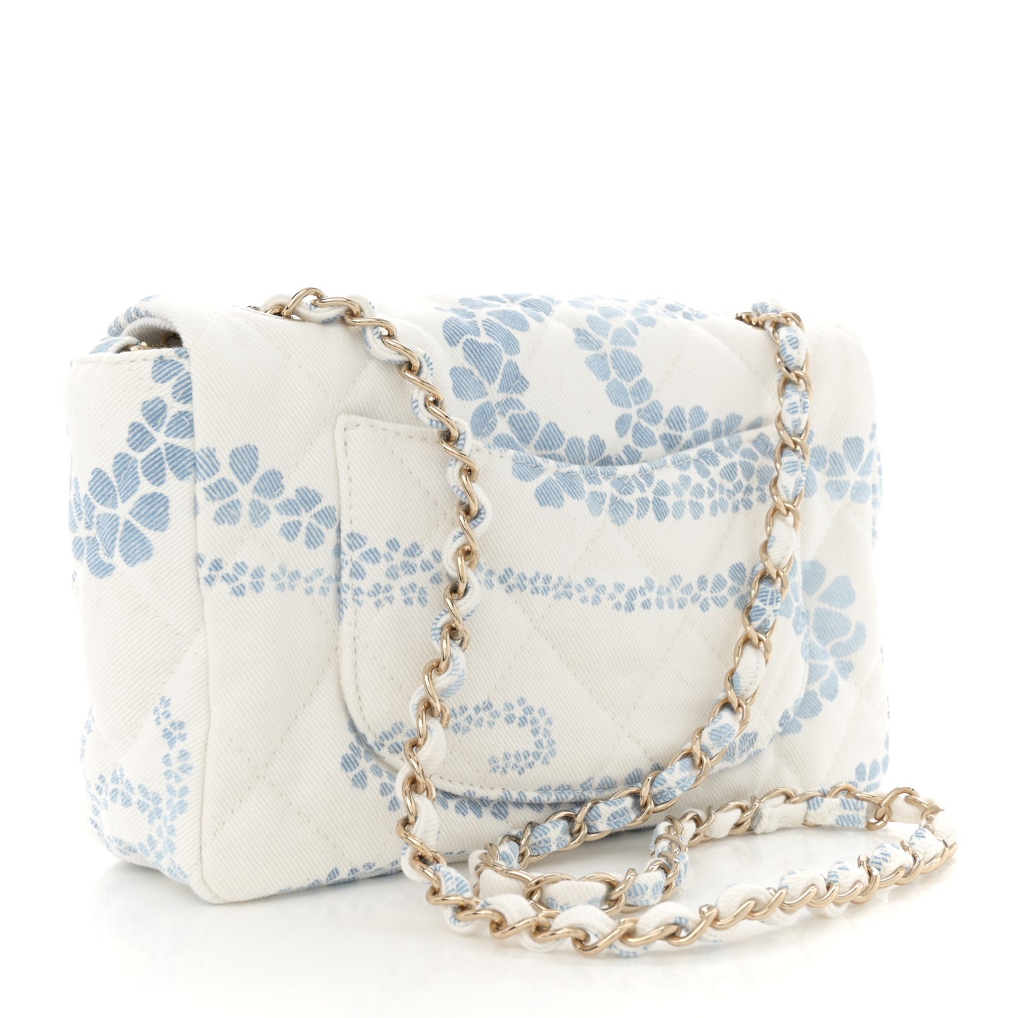 Printed Denim Quilted Mini Rectangular Flap Light Blue White