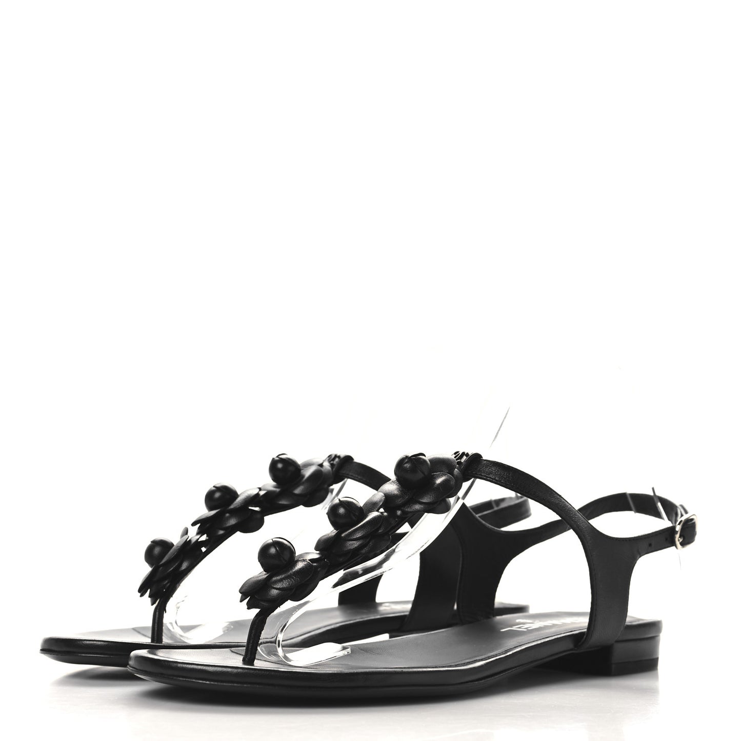 Calfskin Camellia Thong Sandals 39.5 Black