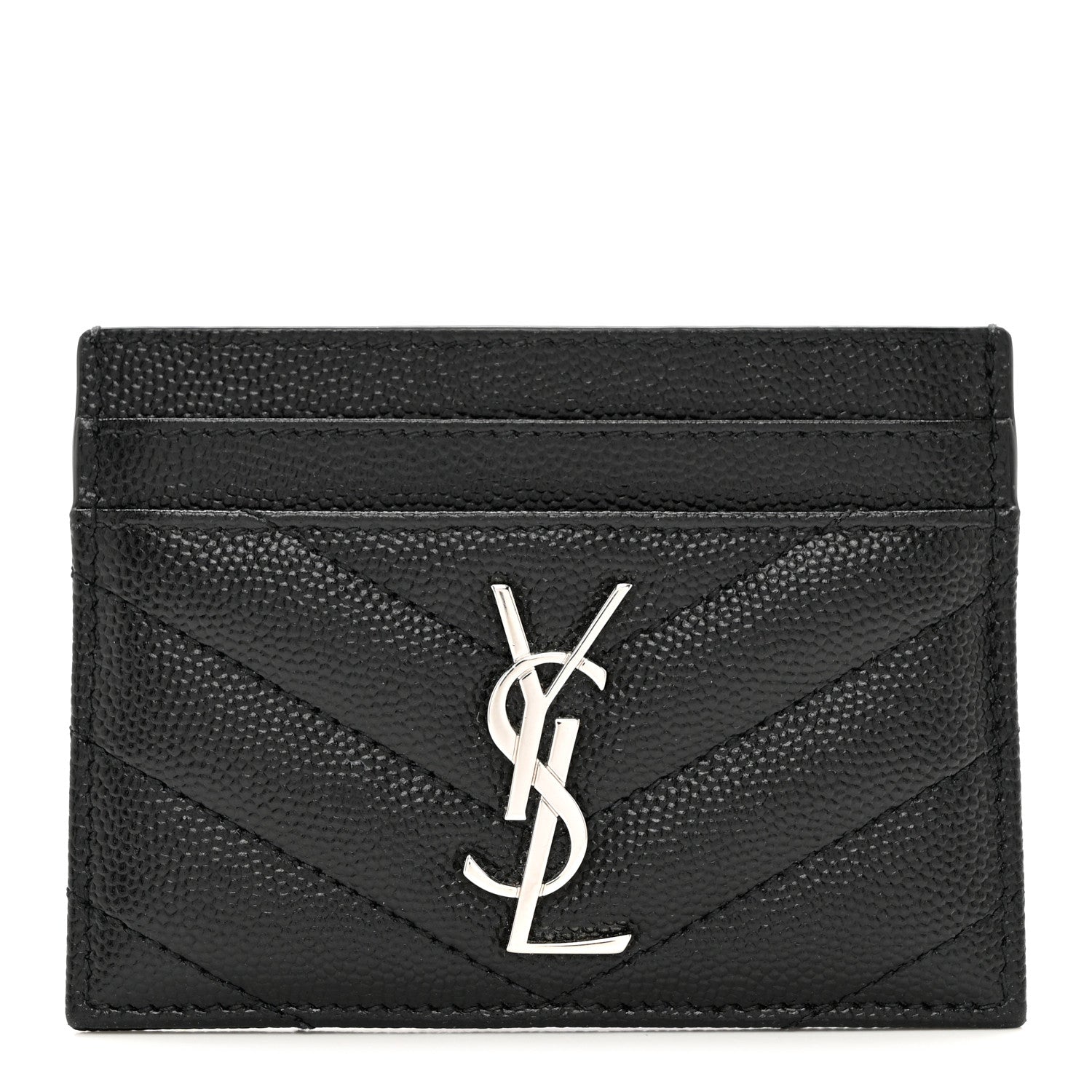 Saint Laurent Grain De Poudre Matelasse Chevron Monogram Credit Card Case Black 1 of 7