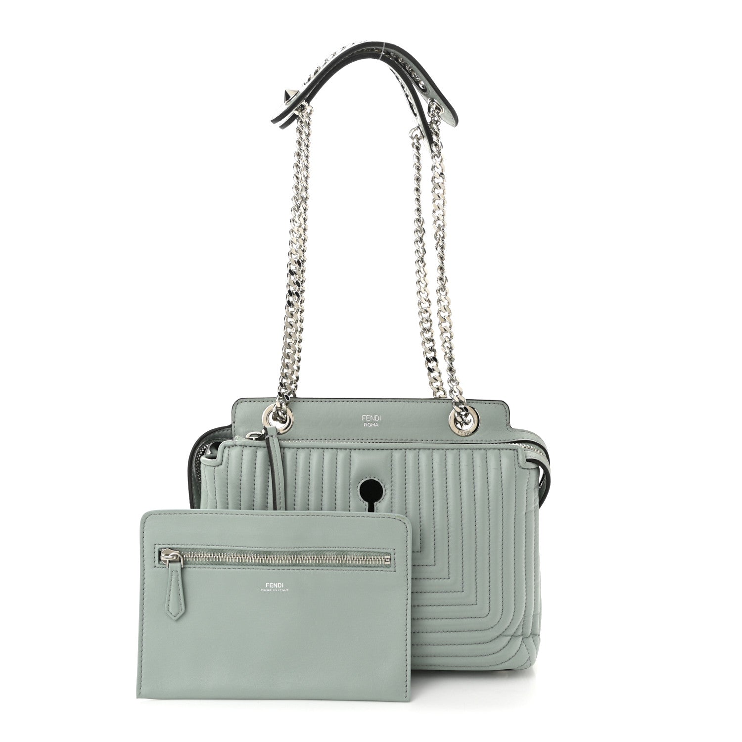 Fendi Shiny Nappa Trapuntata Small DotCom Click Top Handle Chain Satchel Light Blue 3 of 11