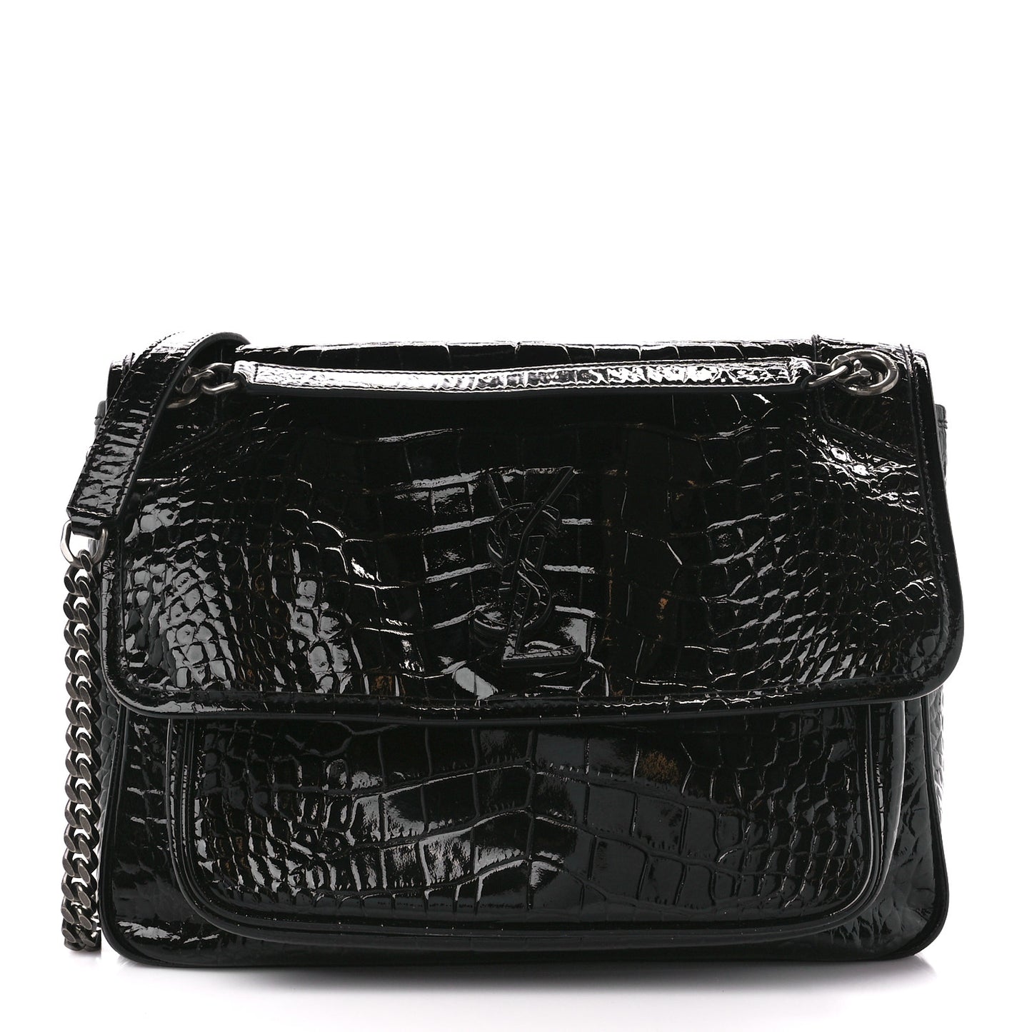 Patent Crocodile Embossed Lambskin Monogram Medium Niki Chain Satchel Black