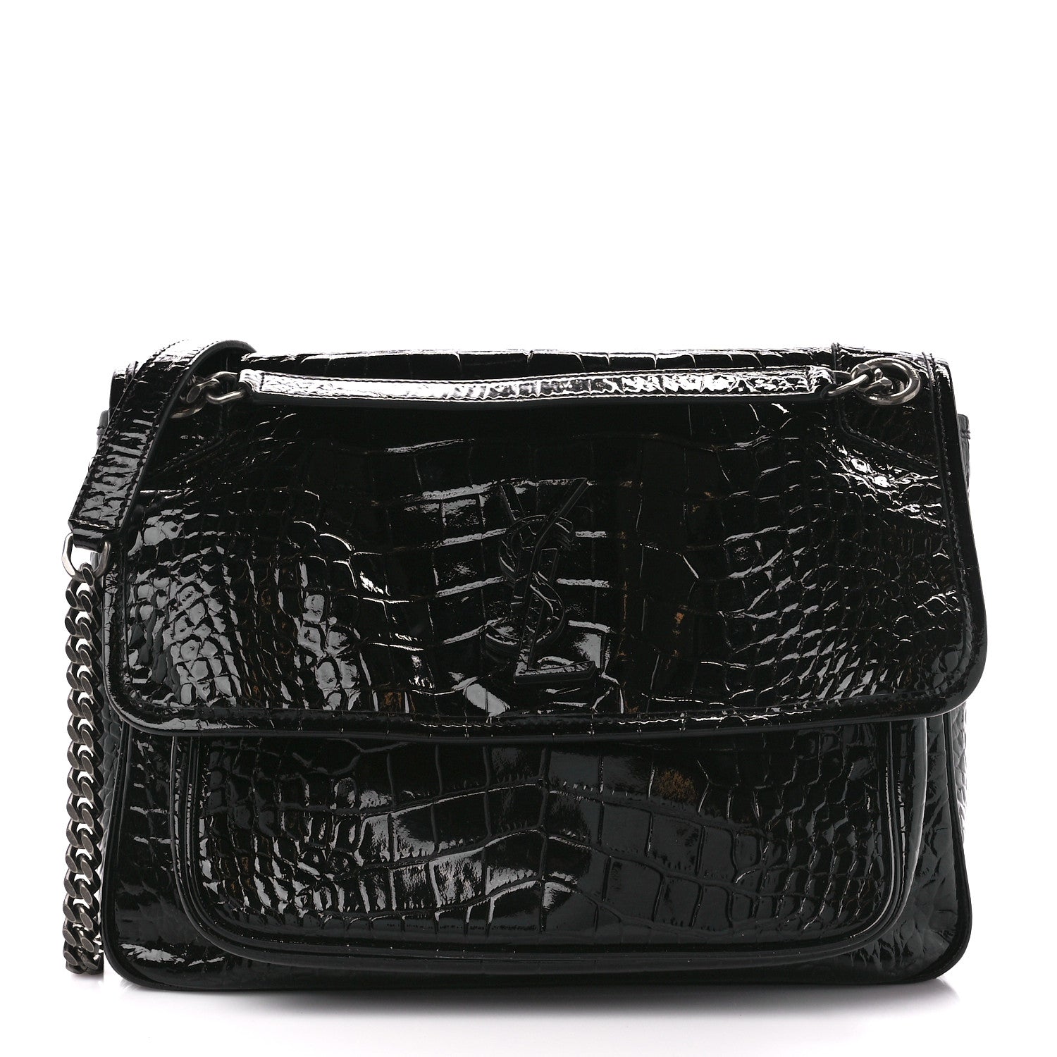 Saint Laurent Patent Crocodile Embossed Lambskin Monogram Medium Niki Chain Satchel Black 1 of 12