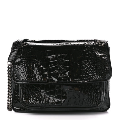 Saint Laurent Patent Crocodile Embossed Lambskin Monogram Medium Niki Chain Satchel Black 1 of 12