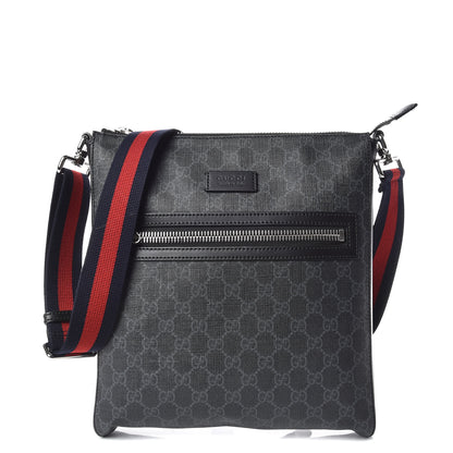 Gucci GG Supreme Monogram Appia Calfskin Web Flat Messenger Bag Black Grey 1 of 9