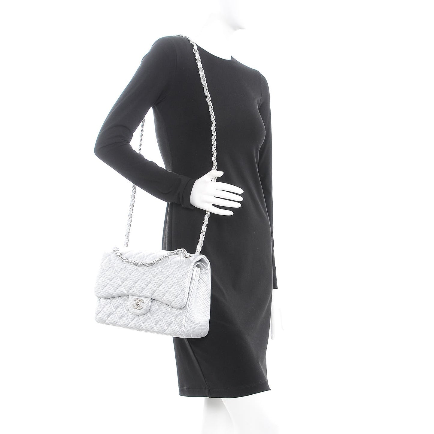 Metallic Perforated Lambskin Quilted Jumbo Double Flap Light Silver