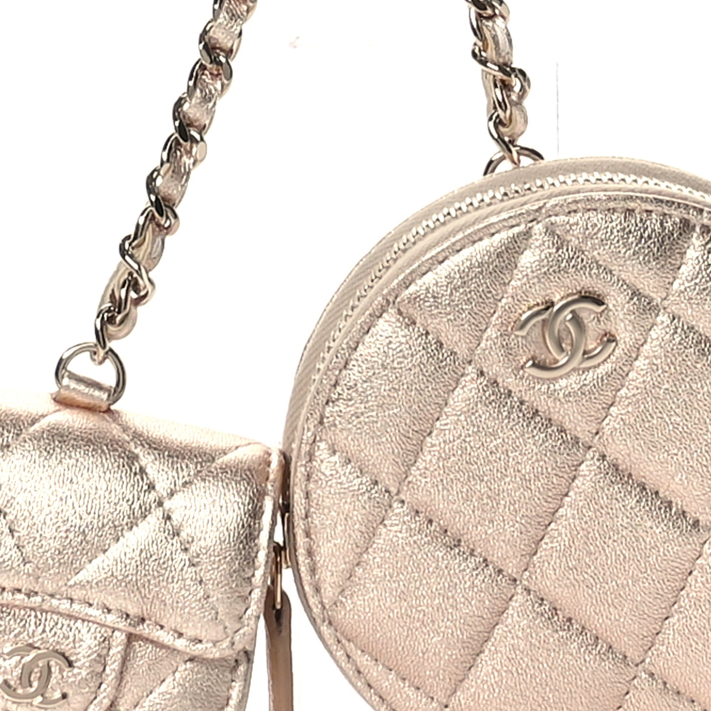 Metallic Lambskin Quilted Round Clip On Coin Purse Airpods Case Gold