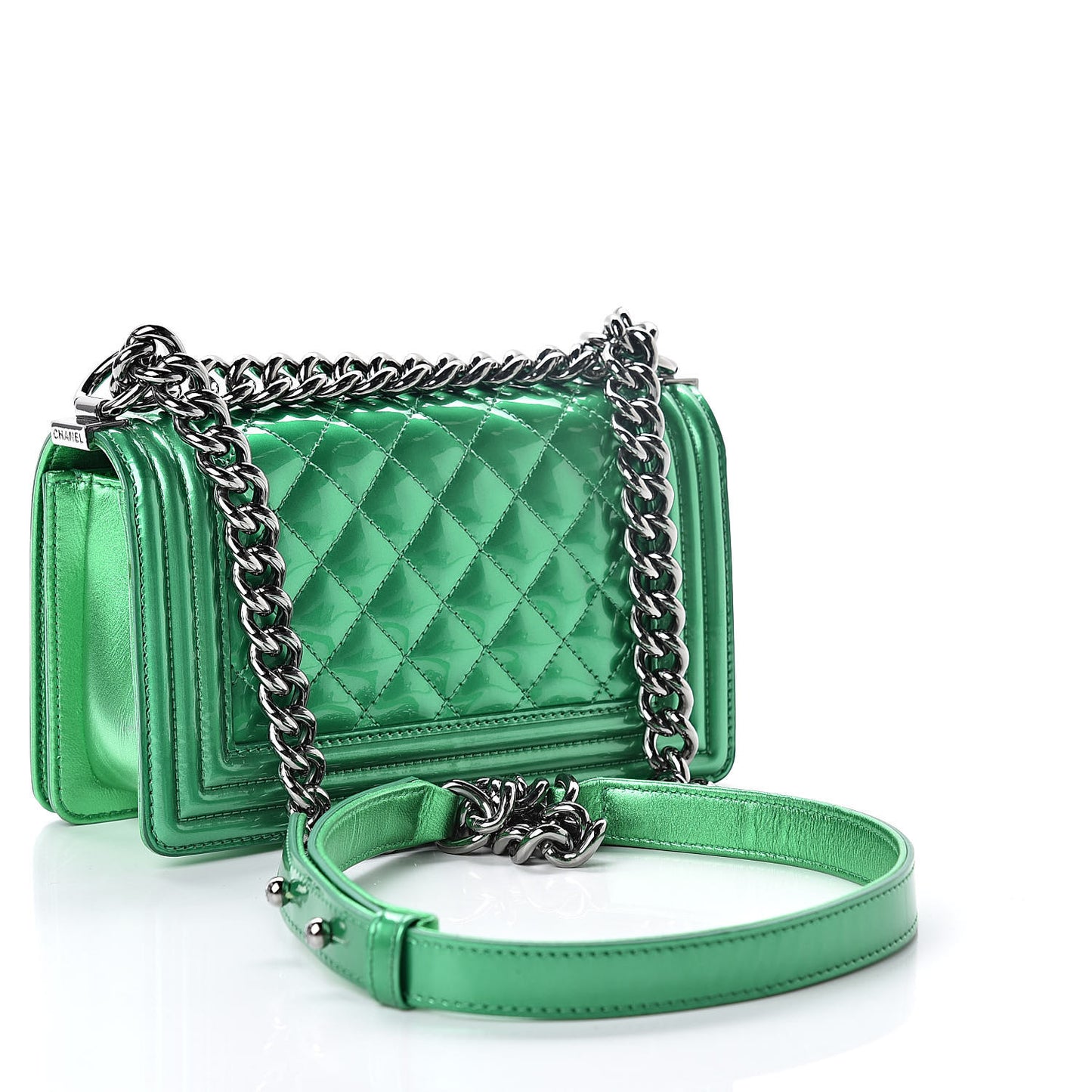 Metallic Patent Calfskin Quilted Small Boy Flap Green