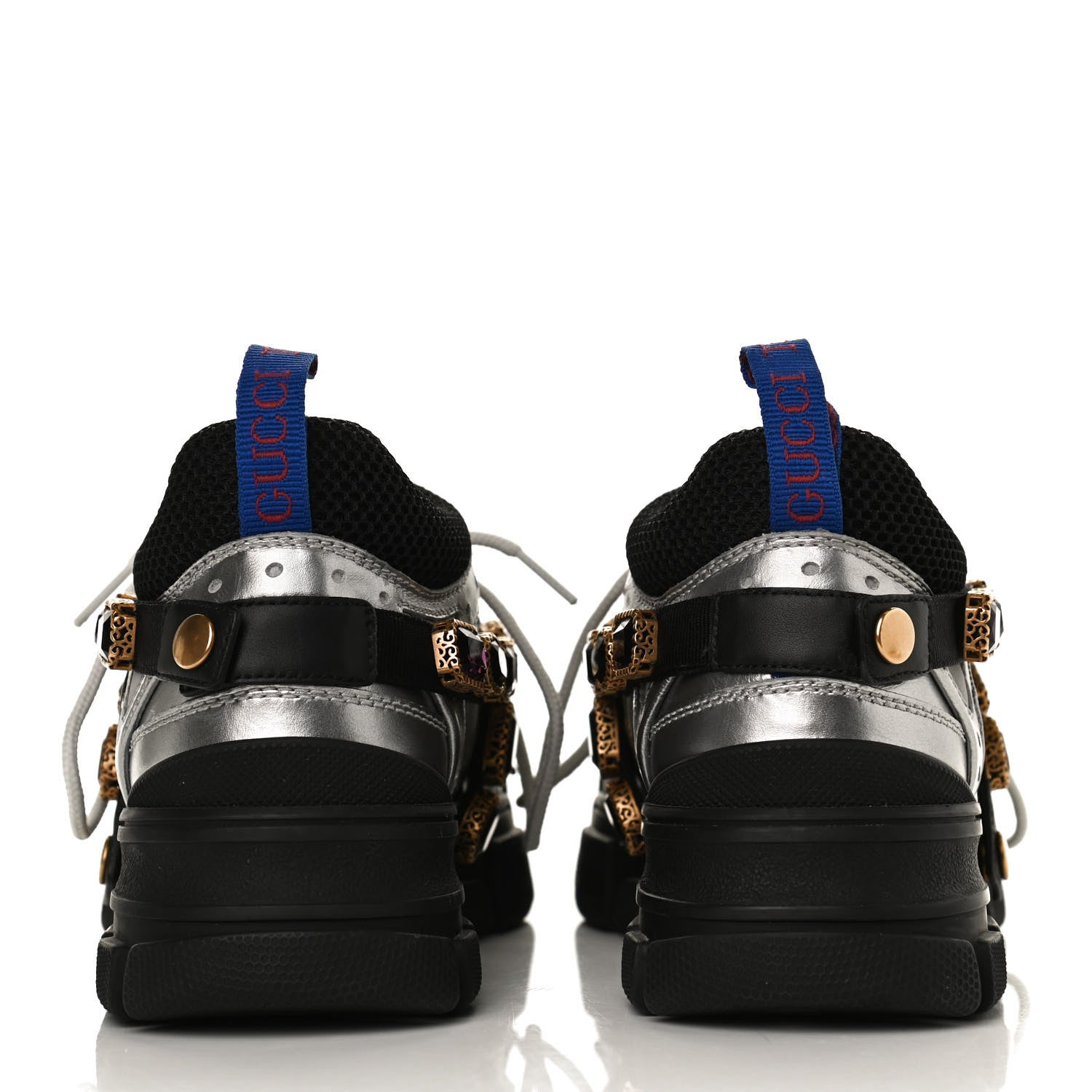 Gucci X SEGA Metallic Calfskin Mesh Removable Crystals Womens Flashtrek Sneakers 36 Silver Black 6 of 10