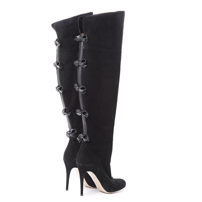Valentino Garavani Calfskin Suede Bow Over the Knee Boots 39 Black 4 of 12